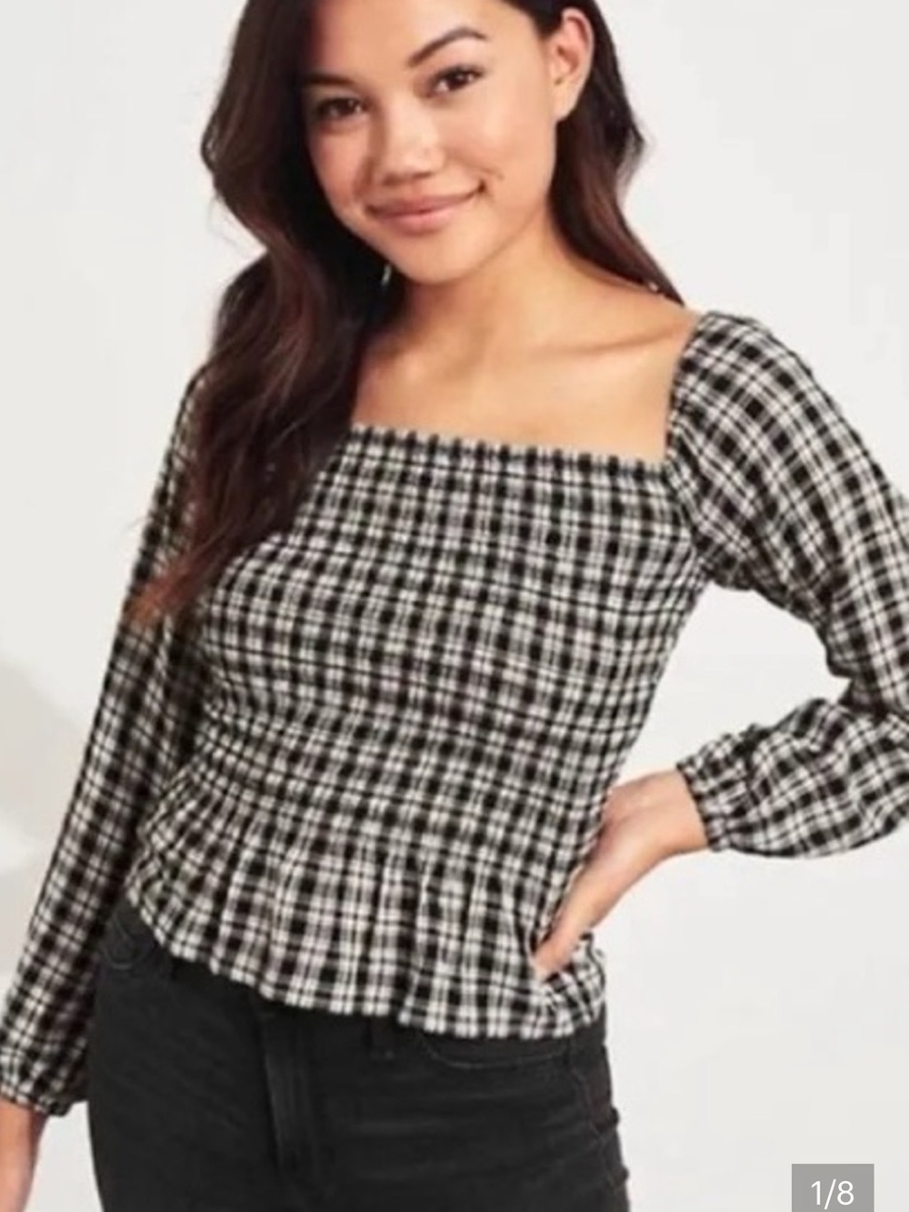 Hollister Plaid Smocked Square Neck Crop Top Grunge Peplum Blouse Small S